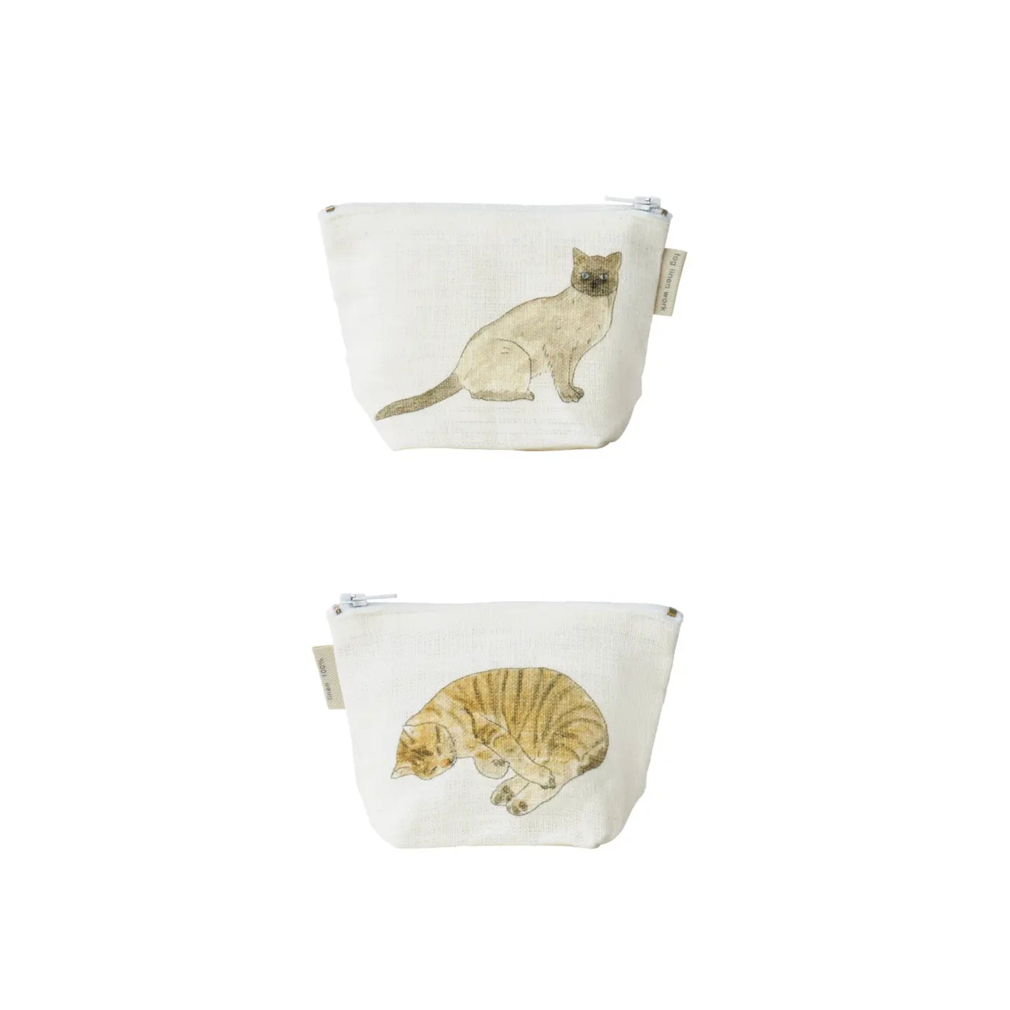 Small linen pouch with a cat illustration on a white background