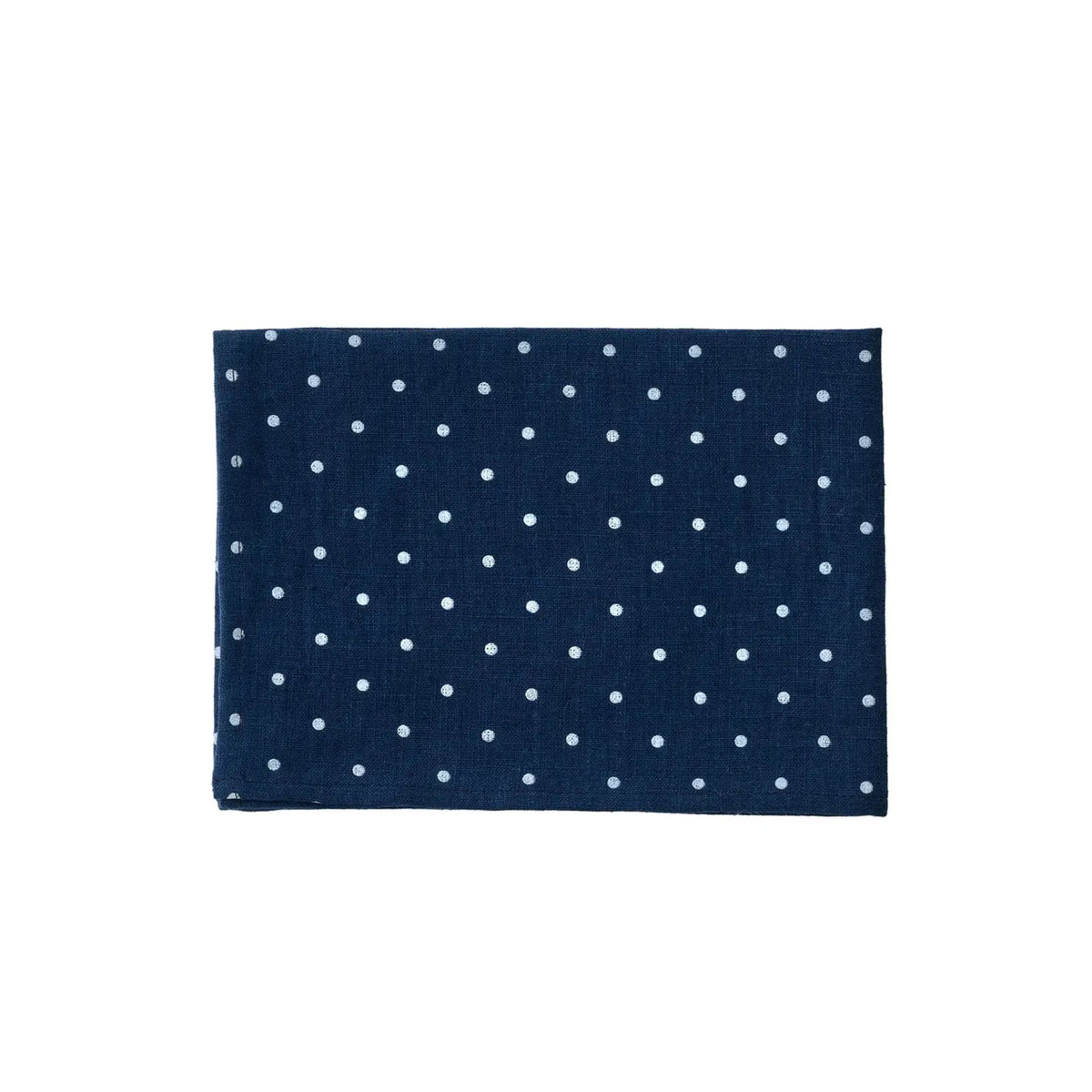 A folded navy blue linen kitchen cloth, featuring a white polka dot pattern, shown against a plain white back ground.