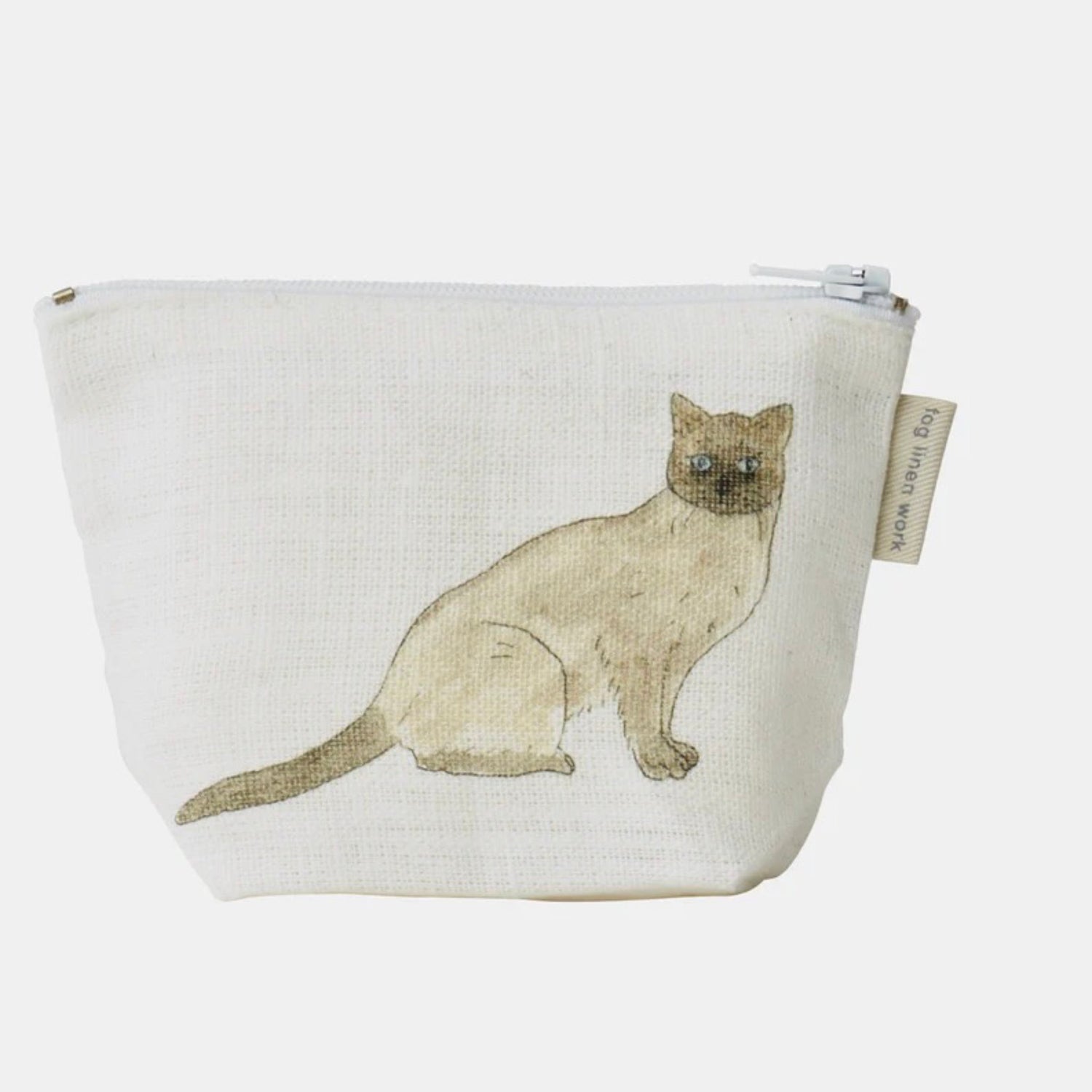 Small linen pouch with a cat illustration on a white background