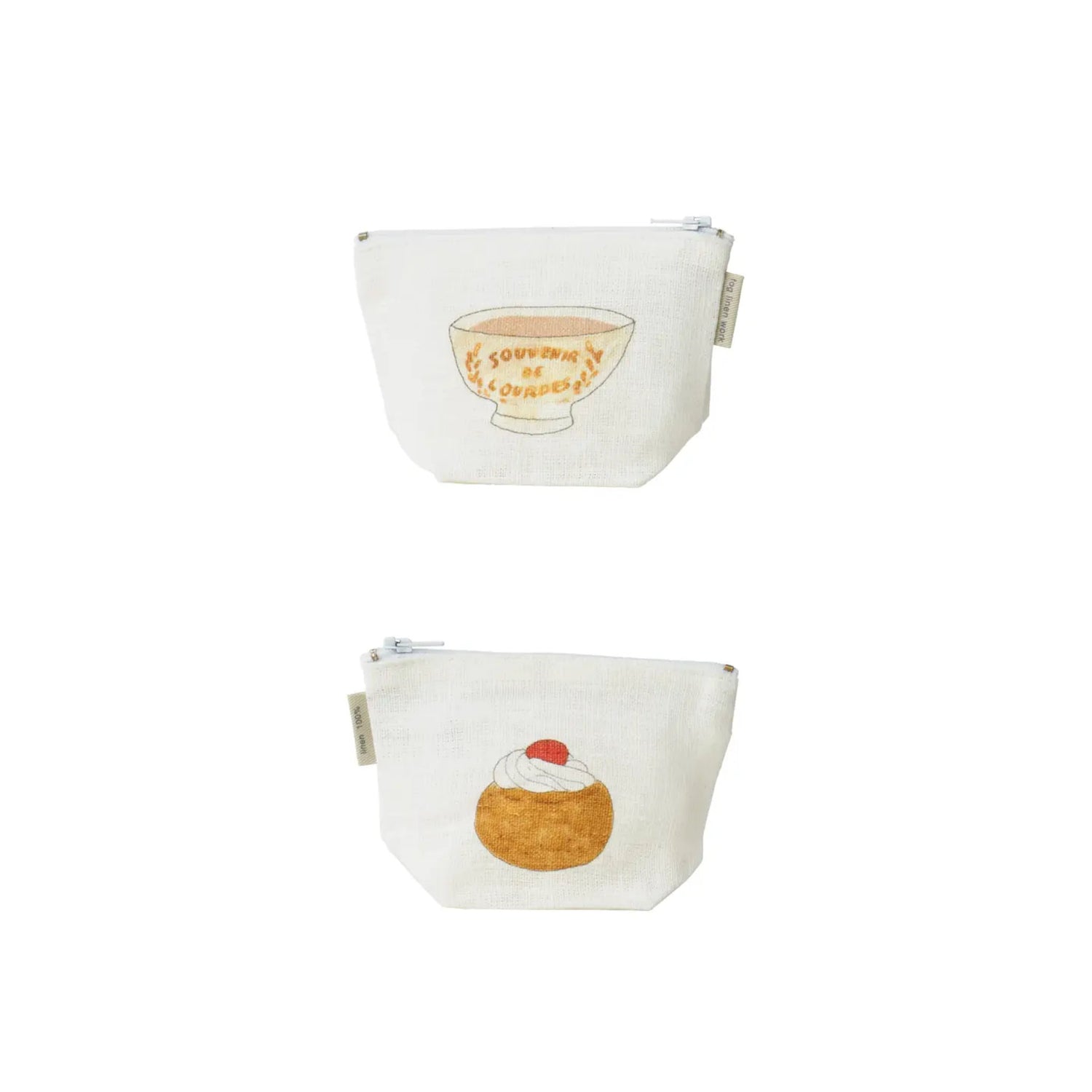 Small linen pouch with a cupcake design on a white background