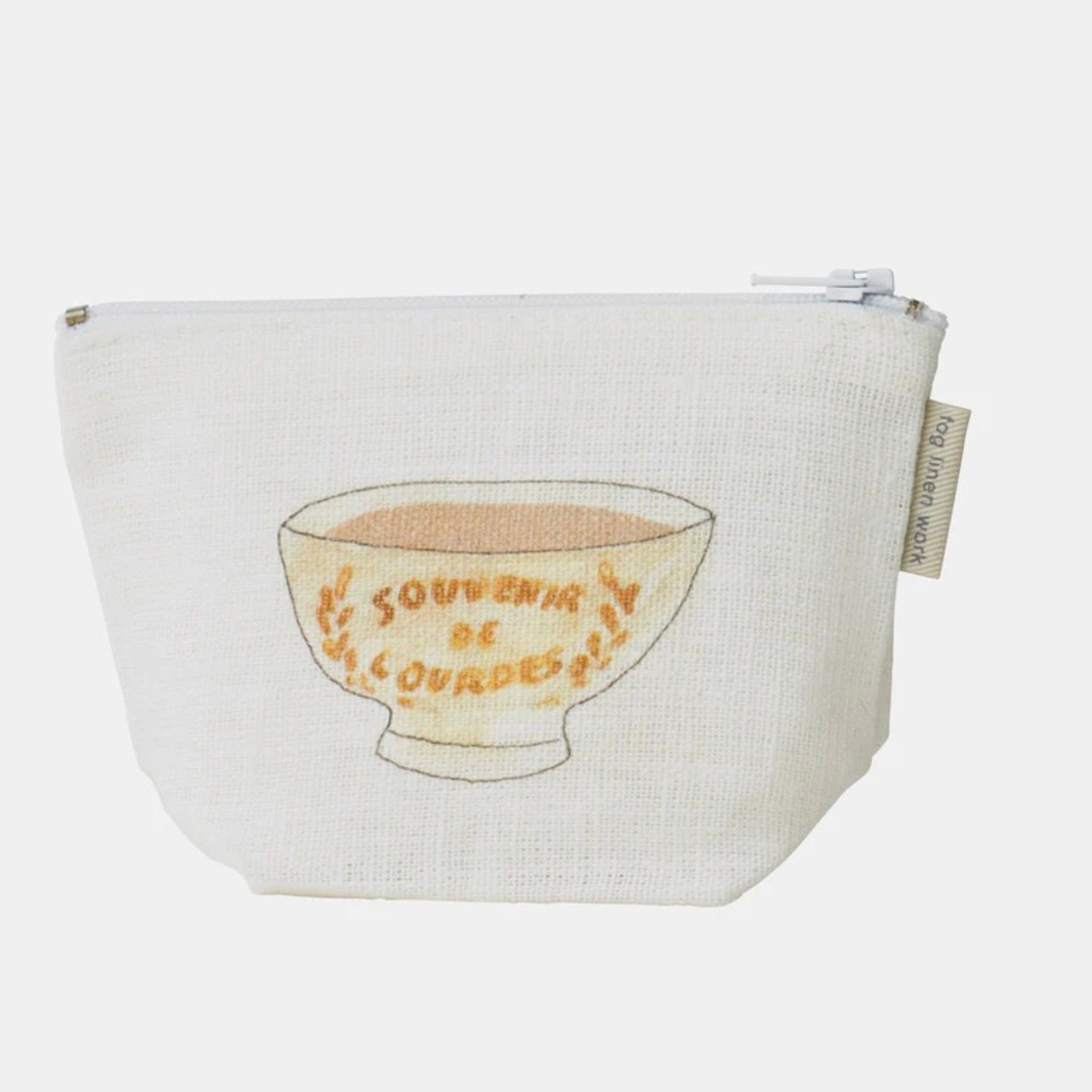 White linen pouch with a design of a bowl and text on a white background