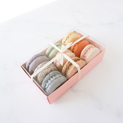 pink macaron box with clear lid
