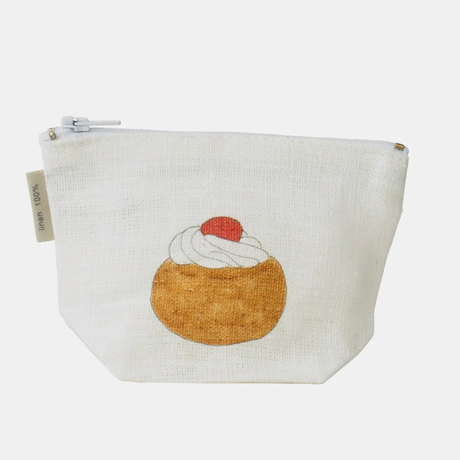 Small linen pouch with a cupcake design on a white background