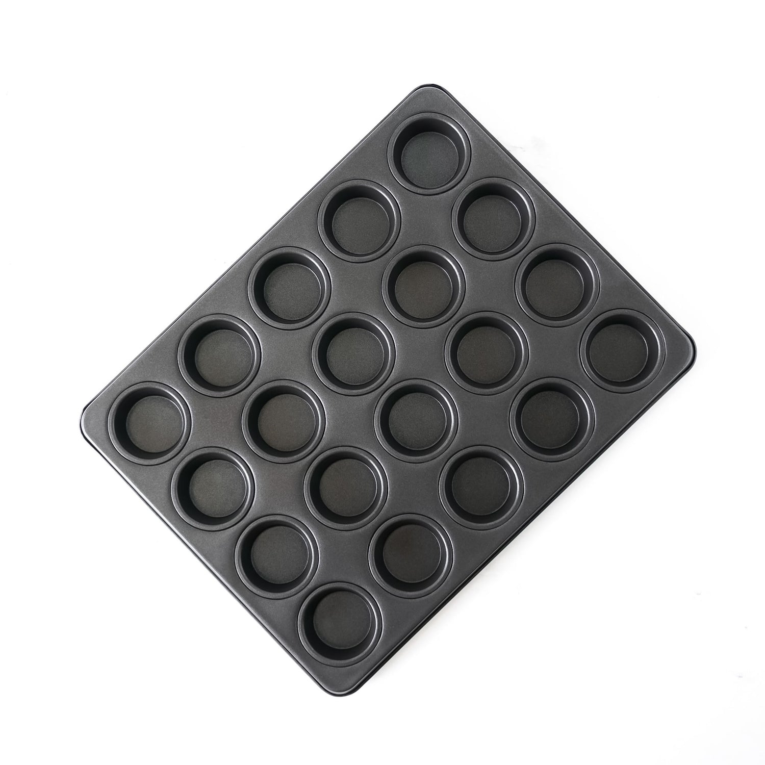 Black muffin pan with multiple compartments on a white background
