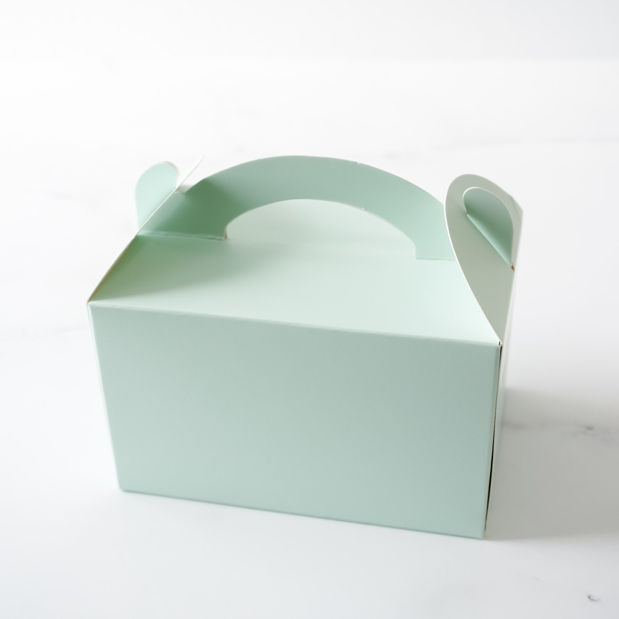 A light green cardboard box with a handle. The box is empty and has a plain surface.