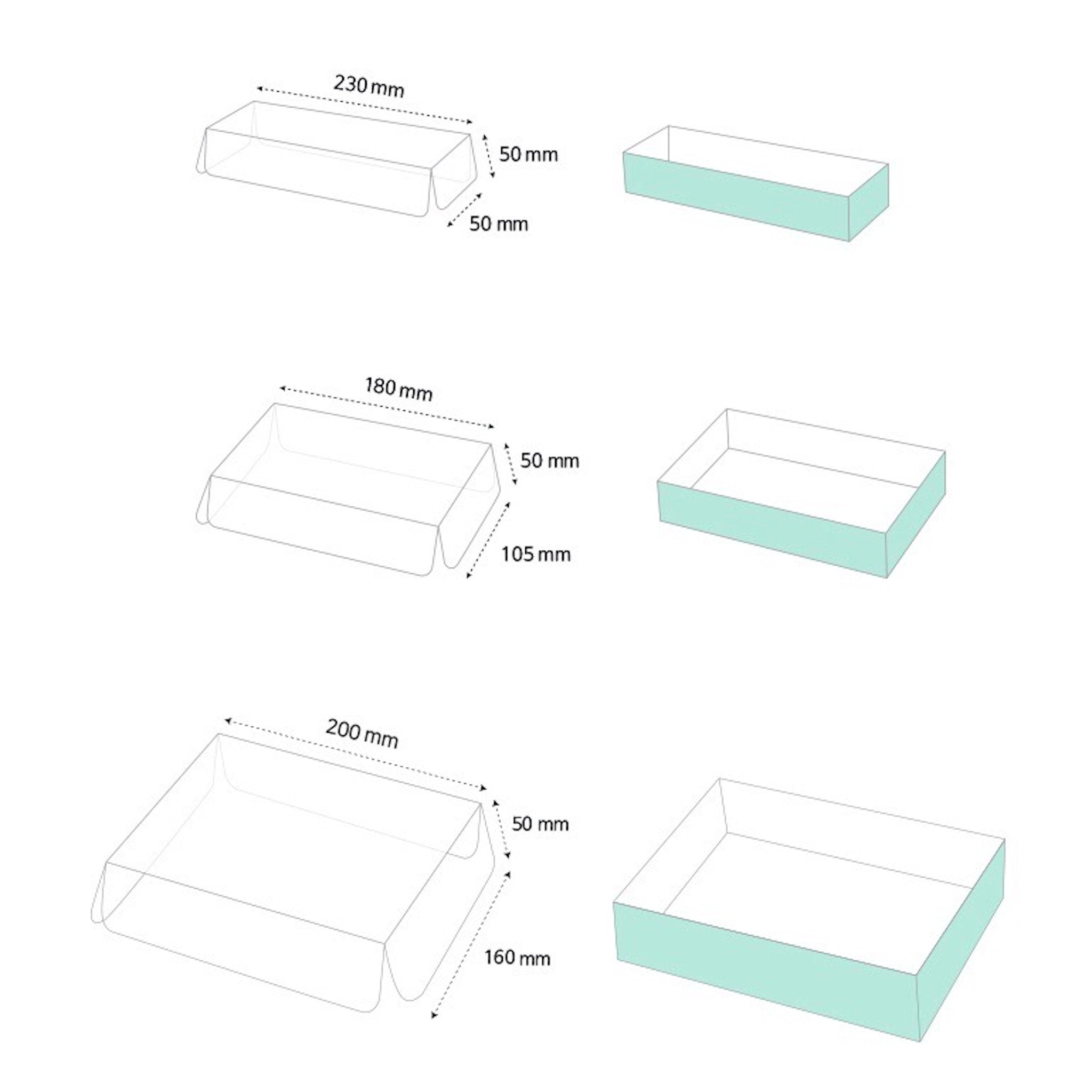Three different sized box templates with measurements in millimeters. The templates are for a box with a flap on the top and a base. The first template is 230 mm by 50 mm, the second is 180 mm by 105 mm, and the third is 200 mm by 160 mm.