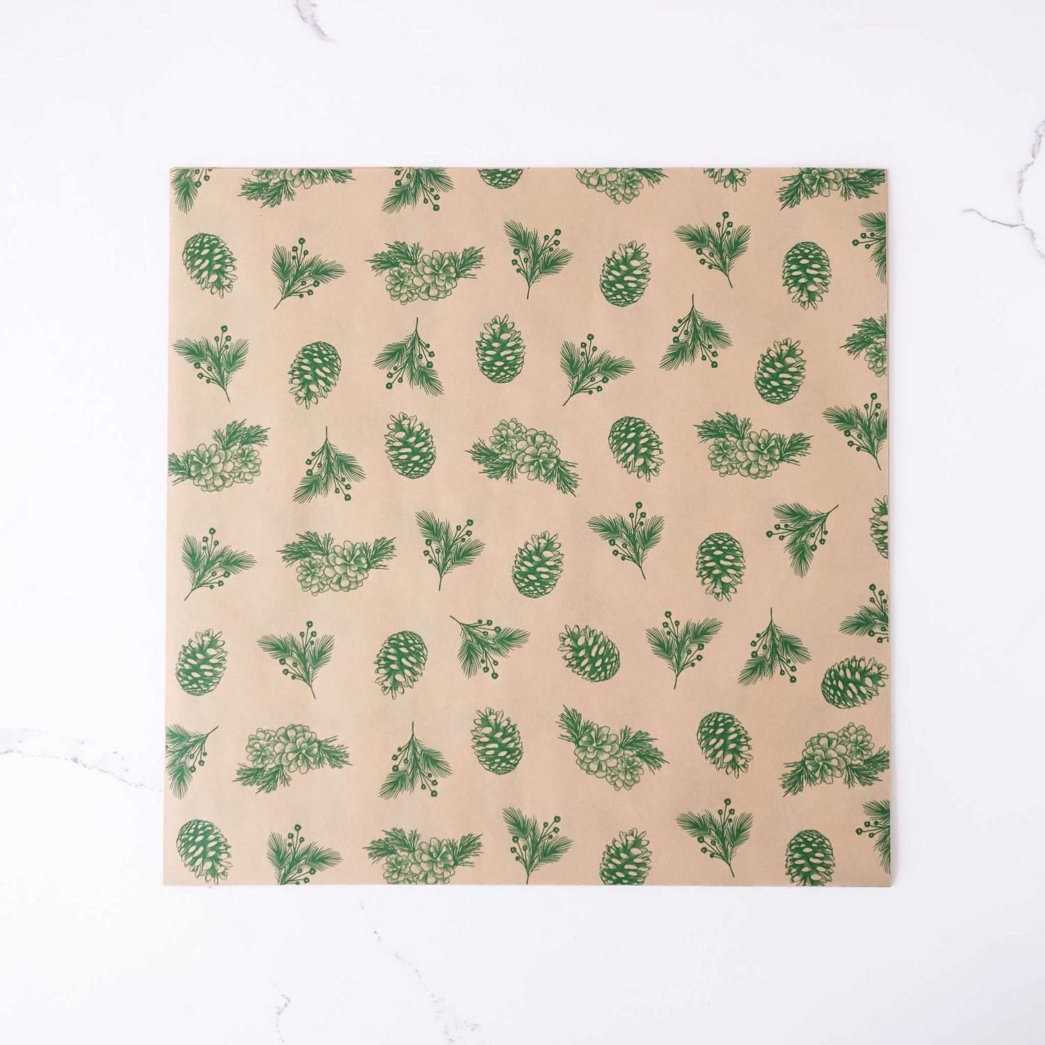 Beige paper with green pine cone and leaf pattern