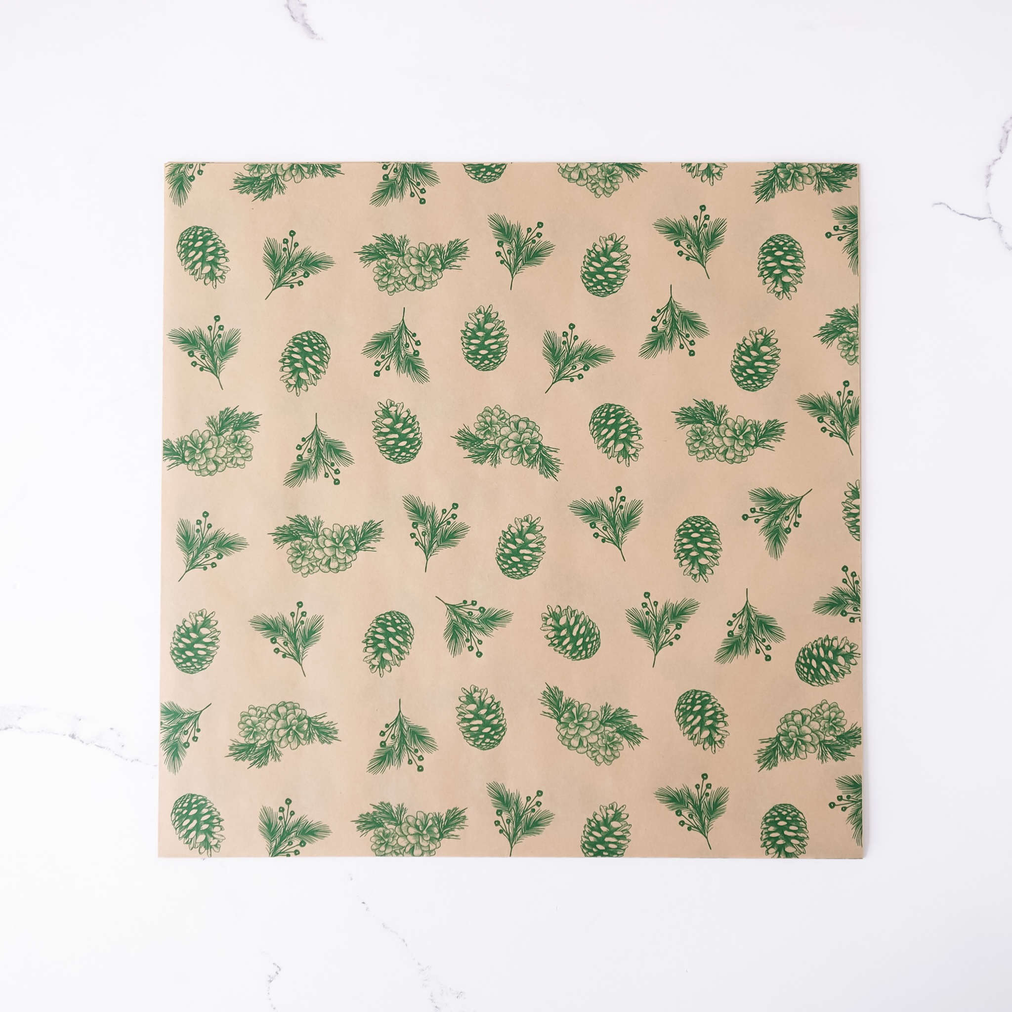 Beige paper with green pine cone and leaf pattern