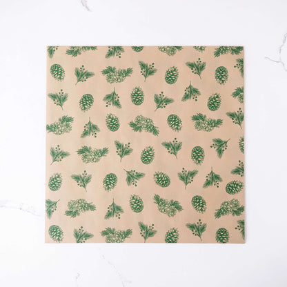Beige paper with green pine cone and leaf pattern