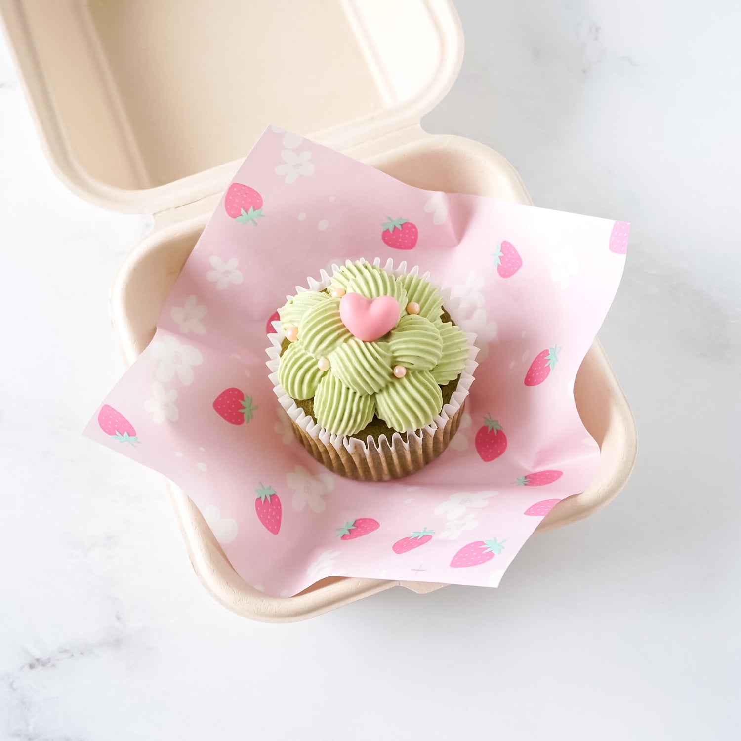 pink strawberry printed food wrapping paper, matcha cupcake