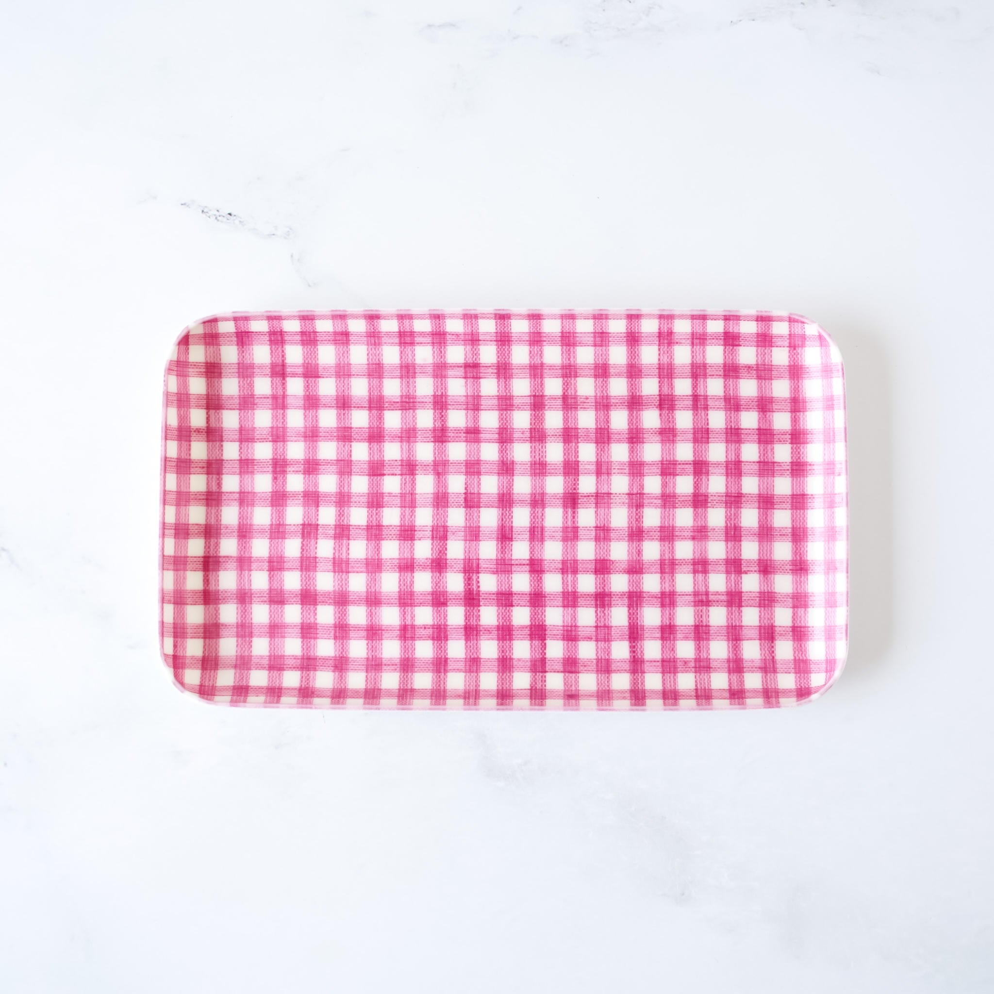 pink and white gingham check linen coated tray in small