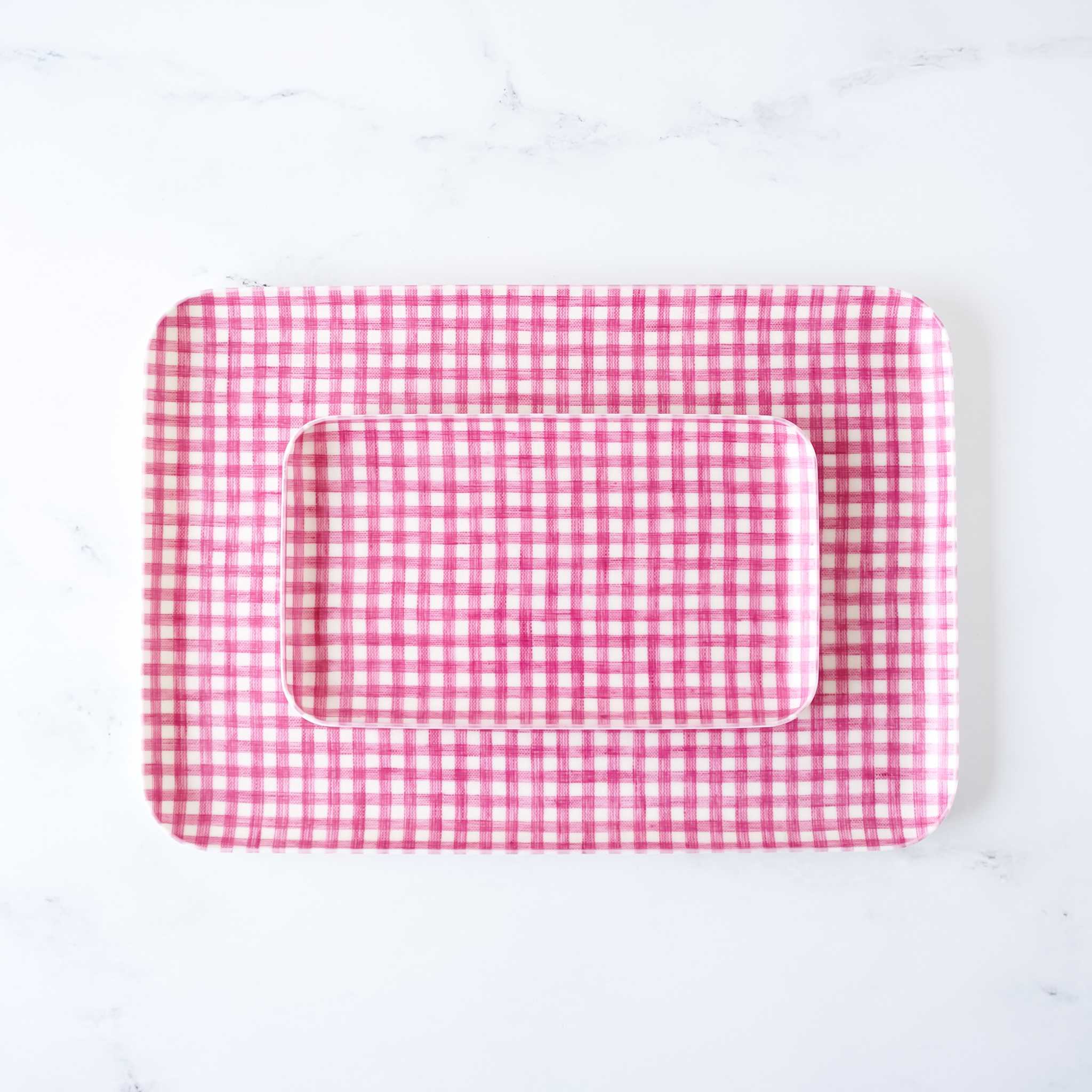 pink/white gingham check linen serving tray in small, medium