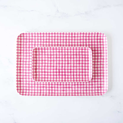 pink/white gingham check linen serving tray in small, medium