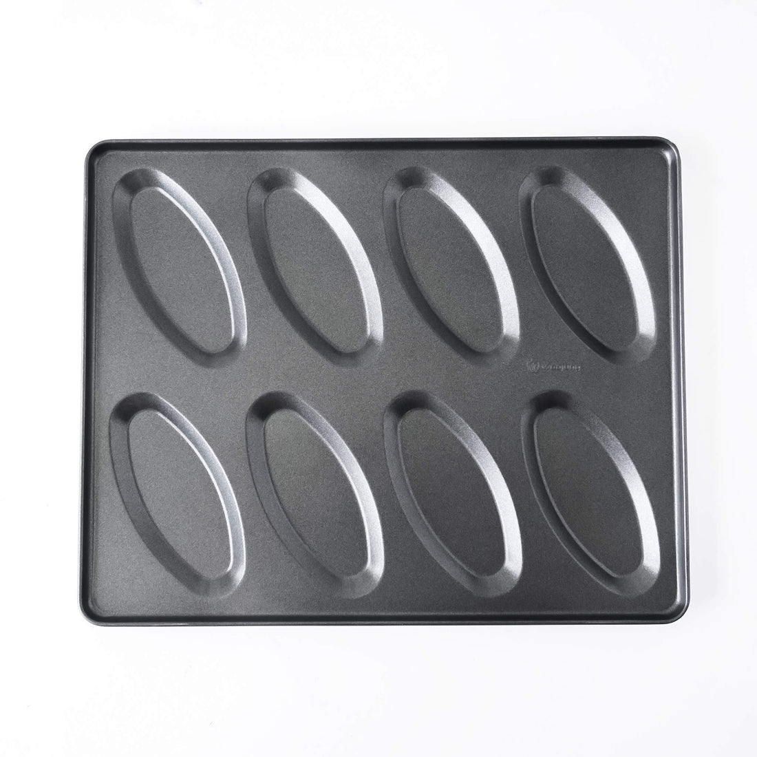 A dark gray non-stick salt bread baking pan with eight elongated oval-shaped cavities, shown from a top-down view on a white background.