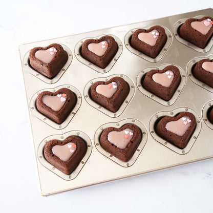 silicone coated heart shaped madeleine cookie baking pan, dark chocolate madeleines