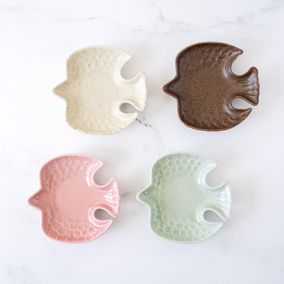 small bird shaped side plates, ring dish, matte white, matte brown, celadon, rose pink