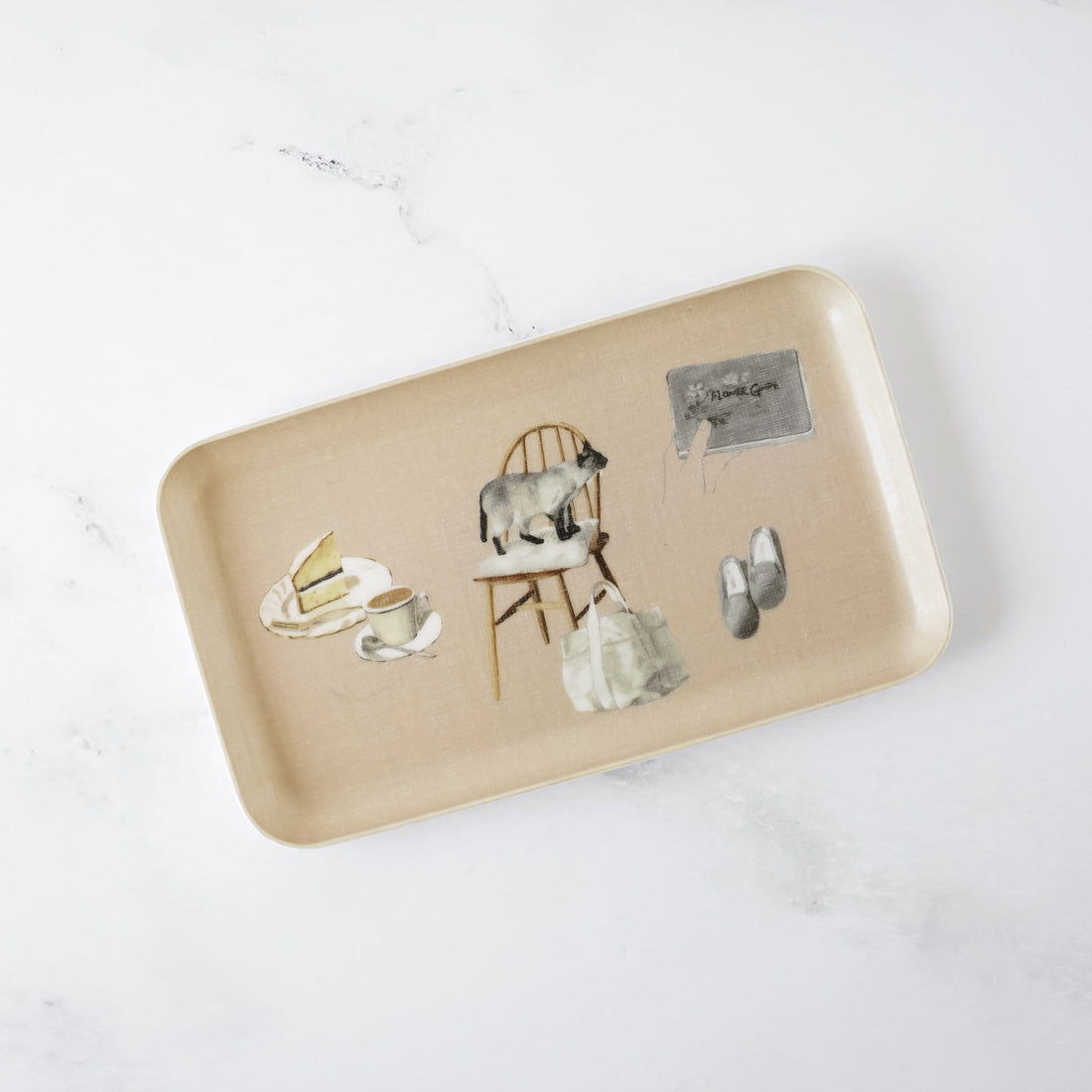 Beige tray with artistic illustrations on a white background