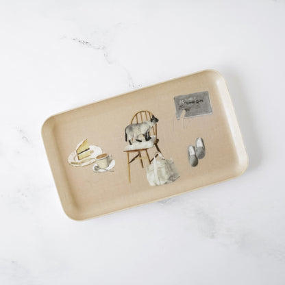 Beige tray with artistic illustrations on a white background