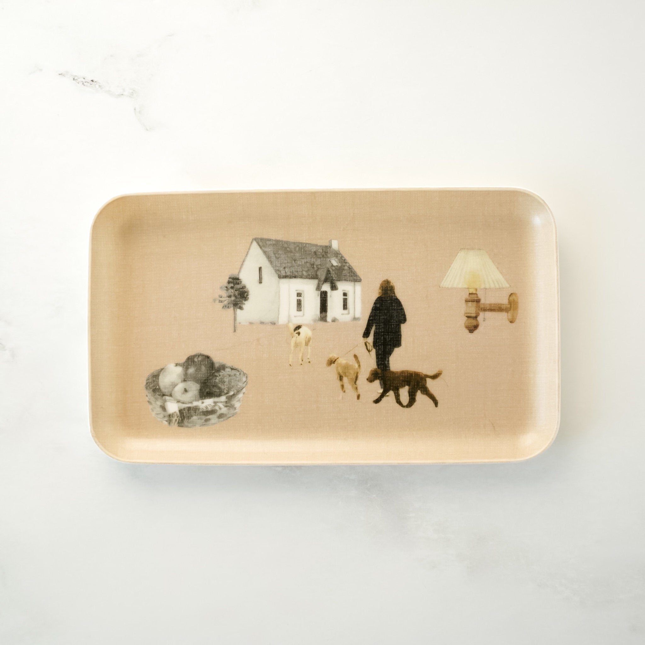 Rectangular tray with a design of a house, people, and dogs on a beige background