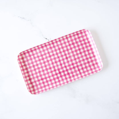 small linen serving tray in dark pink, white