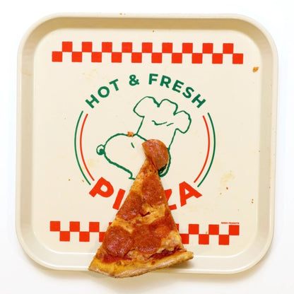 Snoopy tray with a slice of pepperoni pizza and &