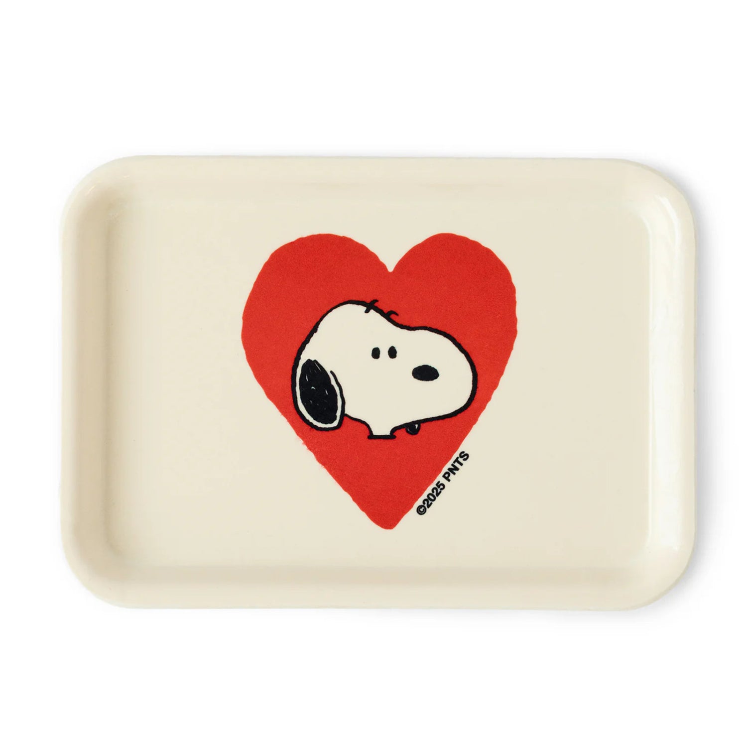 Rectangular tray with a red heart and Snoopy illustration on a white background