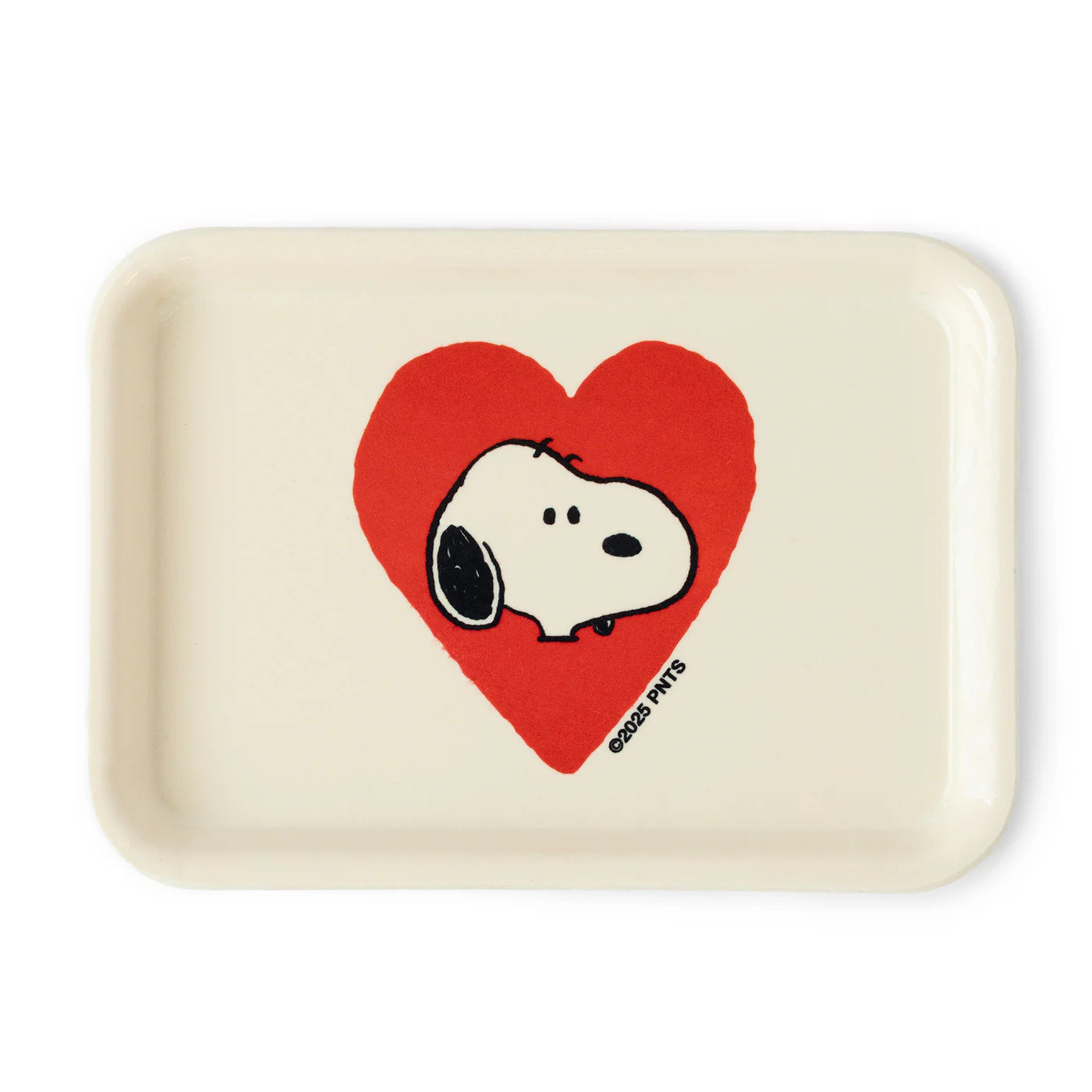 Rectangular tray with a red heart and Snoopy illustration on a white background