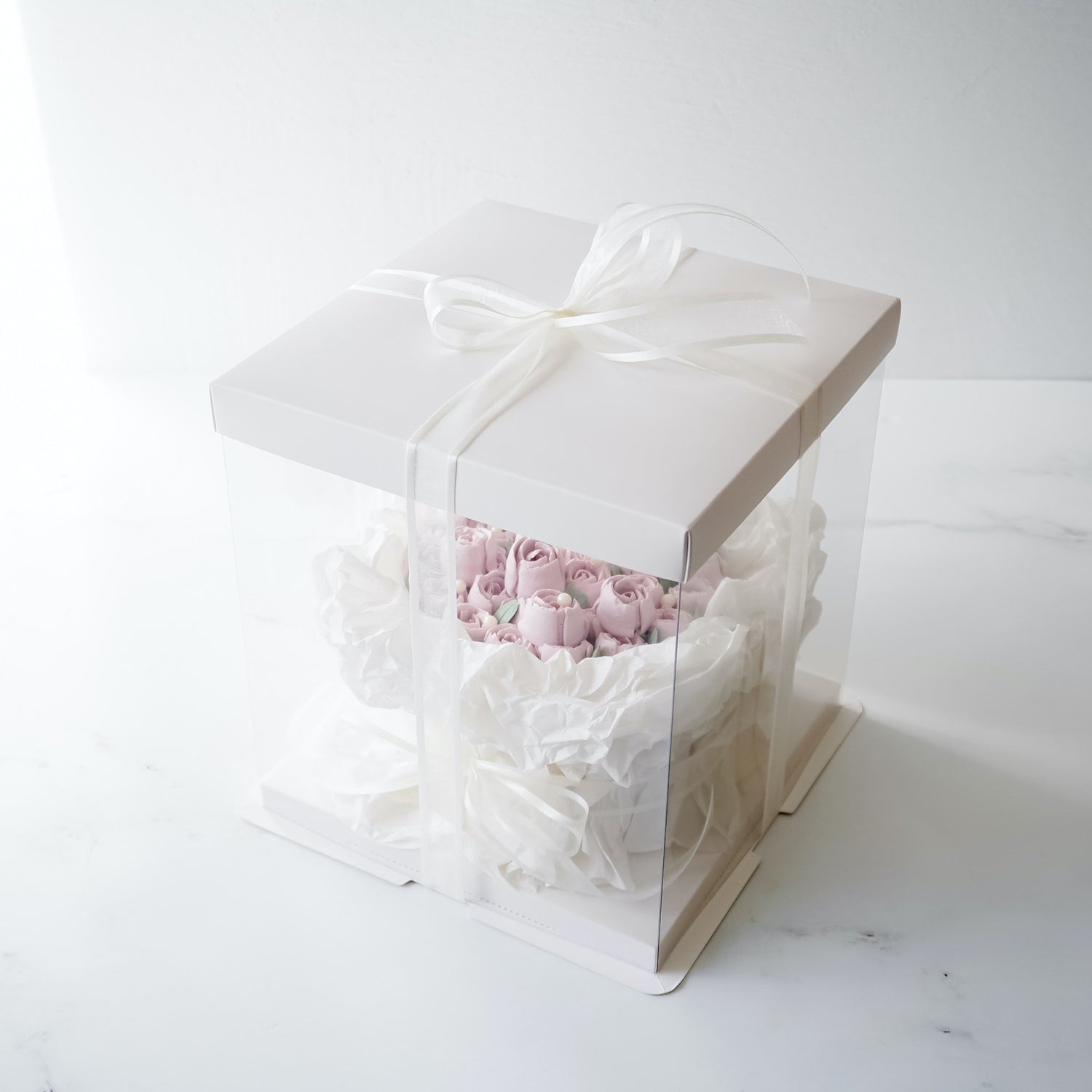 clear cake box in white, flower cake