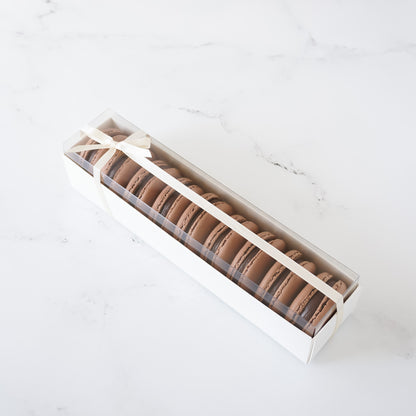 white macaron box, chocolate macarons