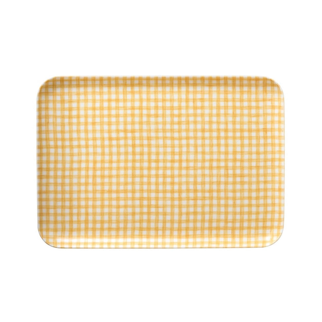 yellow white gingham check linen serving tray